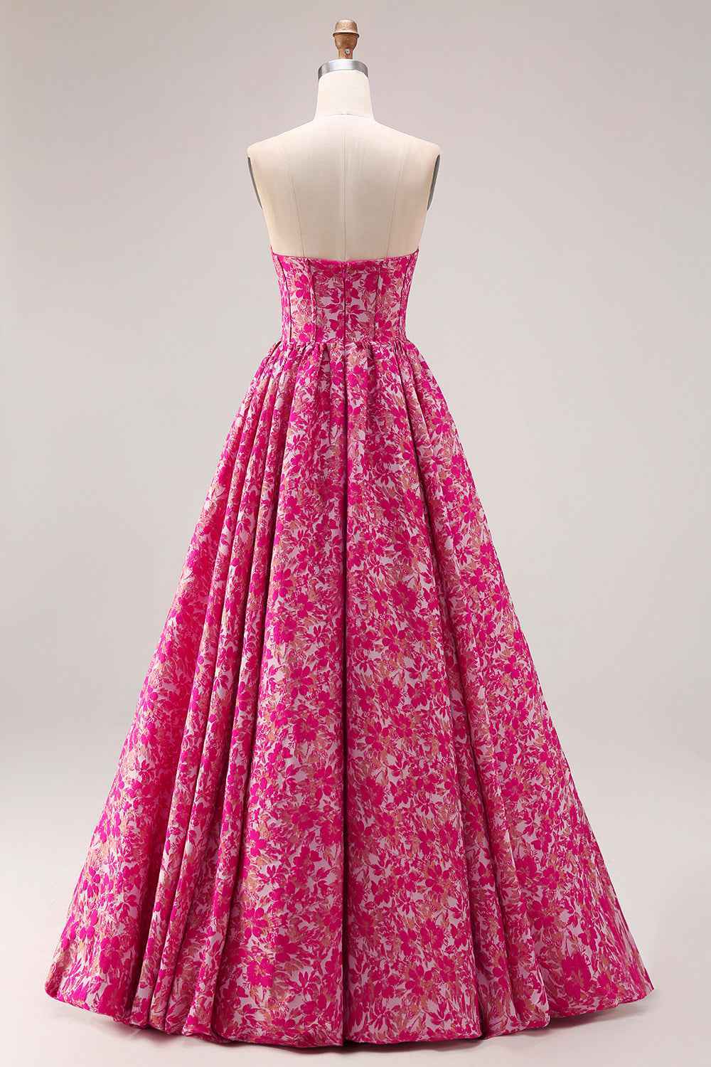 Fuchsia Floral Ball Gown Strapless Long Corset Prom Dress