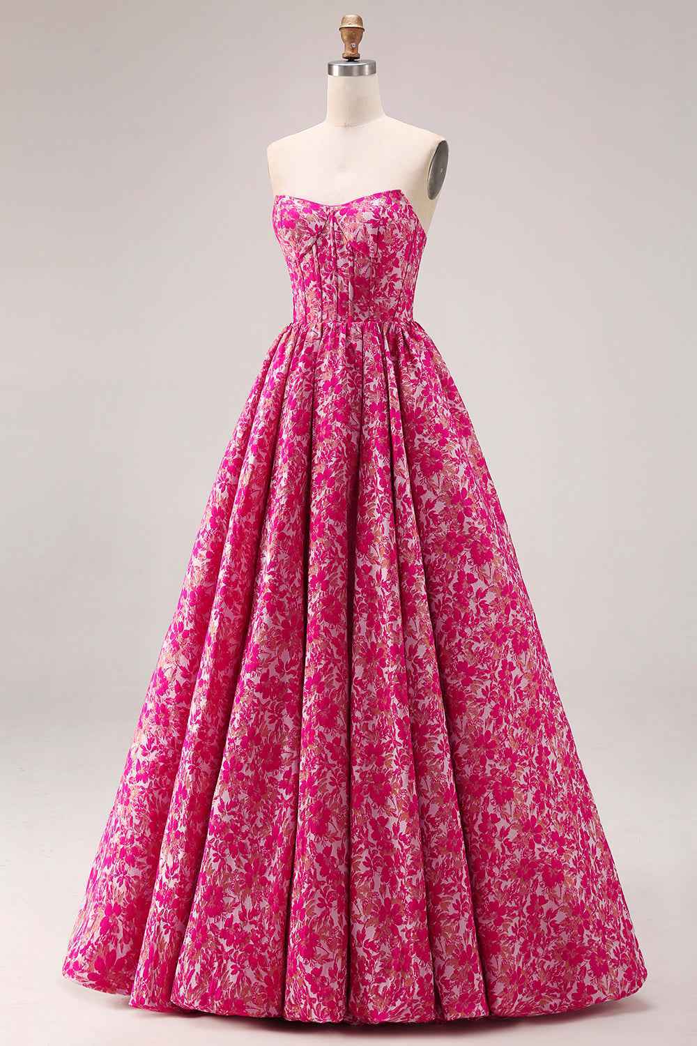 Fuchsia Floral Ball Gown Strapless Long Corset Prom Dress
