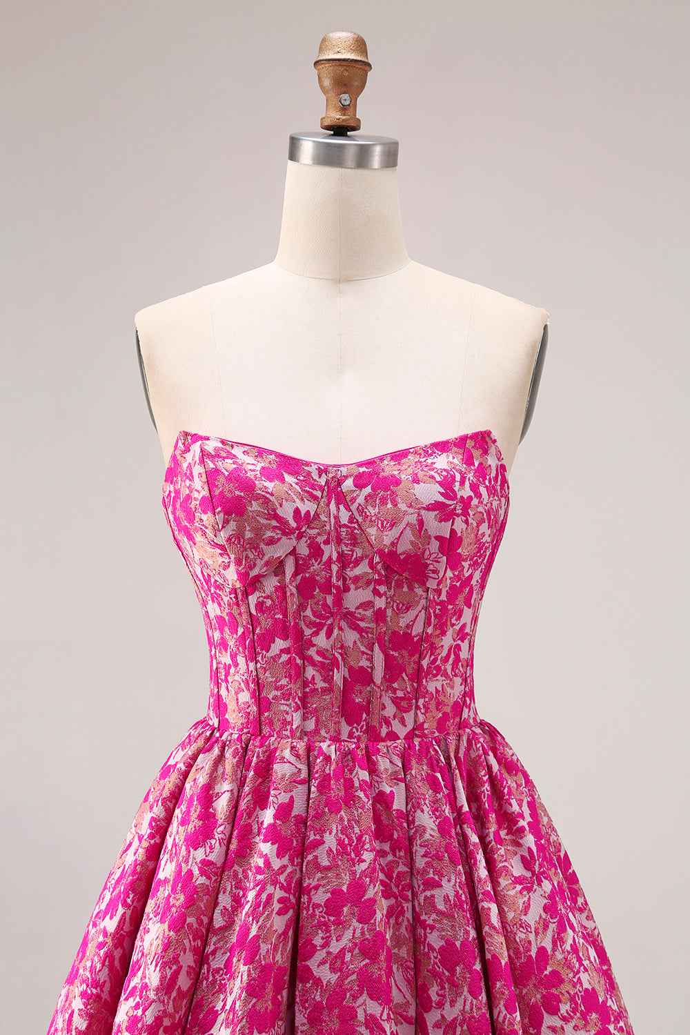Fuchsia Floral Ball Gown Strapless Long Corset Prom Dress