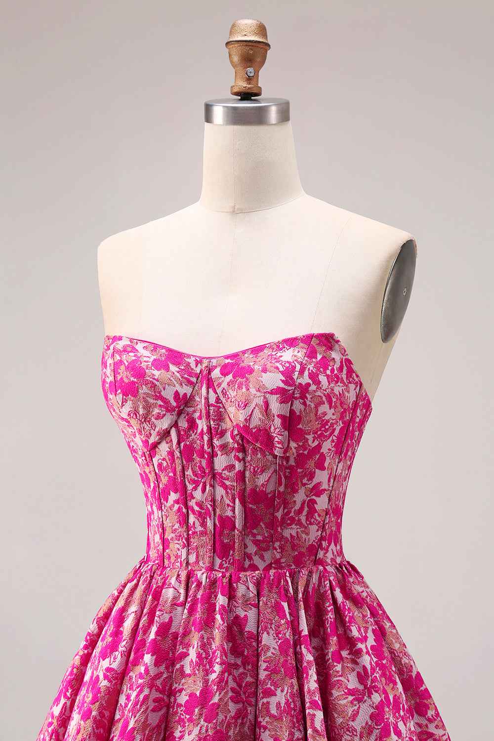 Fuchsia Floral Ball Gown Strapless Long Corset Prom Dress