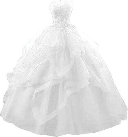 Prom Dress Long Ruffles Ball Gown Quinceanera Dresses Strapless Lace Tulle Beaded Princess Evening Dress bmbridal