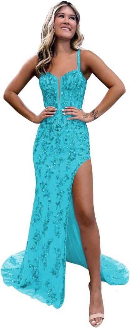 Women's Sweetheart Long Prom Dresses with Slit Tulle Mermaid Formal Evening Gowns with Lace Applique-BMbridal