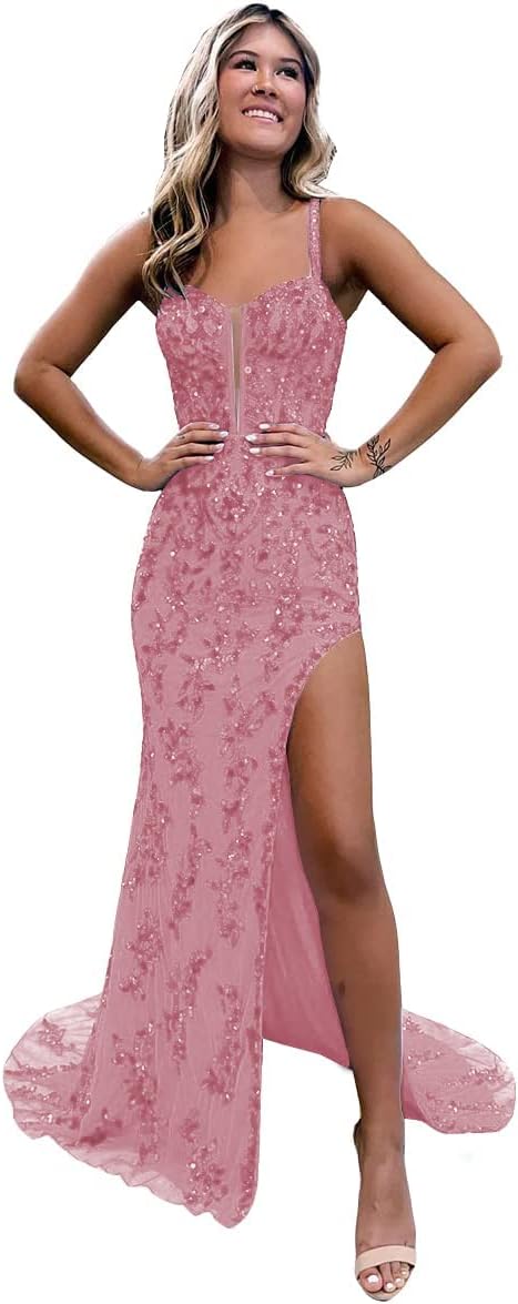 Women's Sweetheart Long Prom Dresses with Slit Tulle Mermaid Formal Evening Gowns with Lace Applique-BMbridal