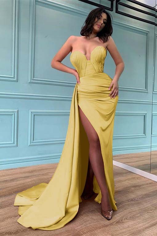 Long Strapless Sleeveless Sweetheart Mermaid Prom Dress Split With Ruffles