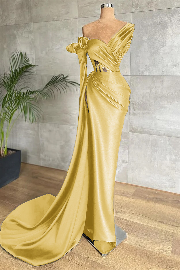 Black One Shoulder Long Sleeve Lace Pleated Long Prom Dress With Side Split