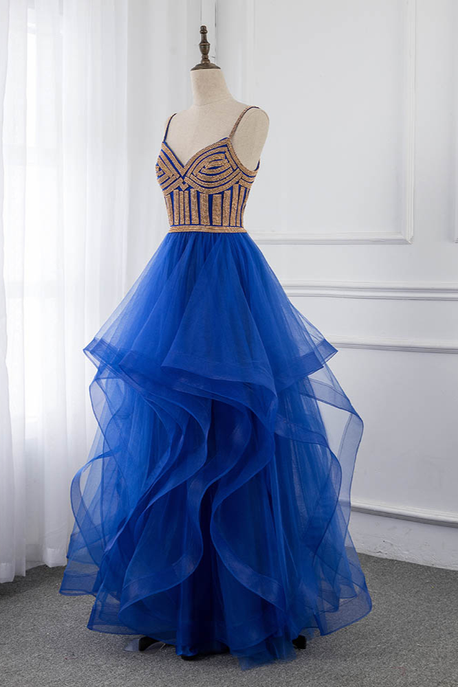 BMbridal Elegant Spaghetti Straps V-Neck Sleeveless Prom Dresses with Rhinestone Ruffles