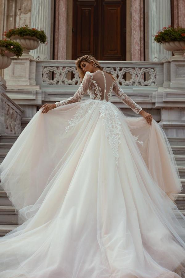 Bmbridal Long Sleeves Champagne Wedding Dress Lace Mermaid Overskirt-BMbridal