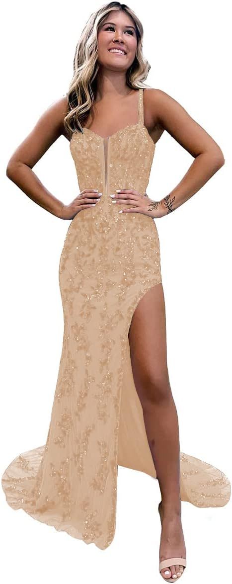 Women's Sweetheart Long Prom Dresses with Slit Tulle Mermaid Formal Evening Gowns with Lace Applique-BMbridal