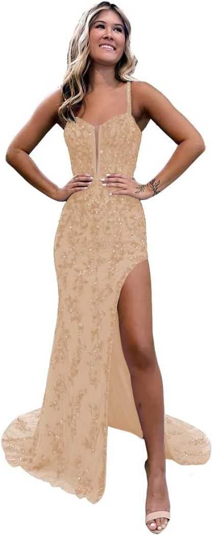 Women's Sweetheart Long Prom Dresses with Slit Tulle Mermaid Formal Evening Gowns with Lace Applique-BMbridal