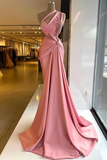 Deluxe Mermaid One-Shoulder Sleeveless Satin Prom Dresses with Beads