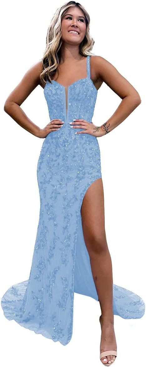 Women's Sweetheart Long Prom Dresses with Slit Tulle Mermaid Formal Evening Gowns with Lace Applique-BMbridal