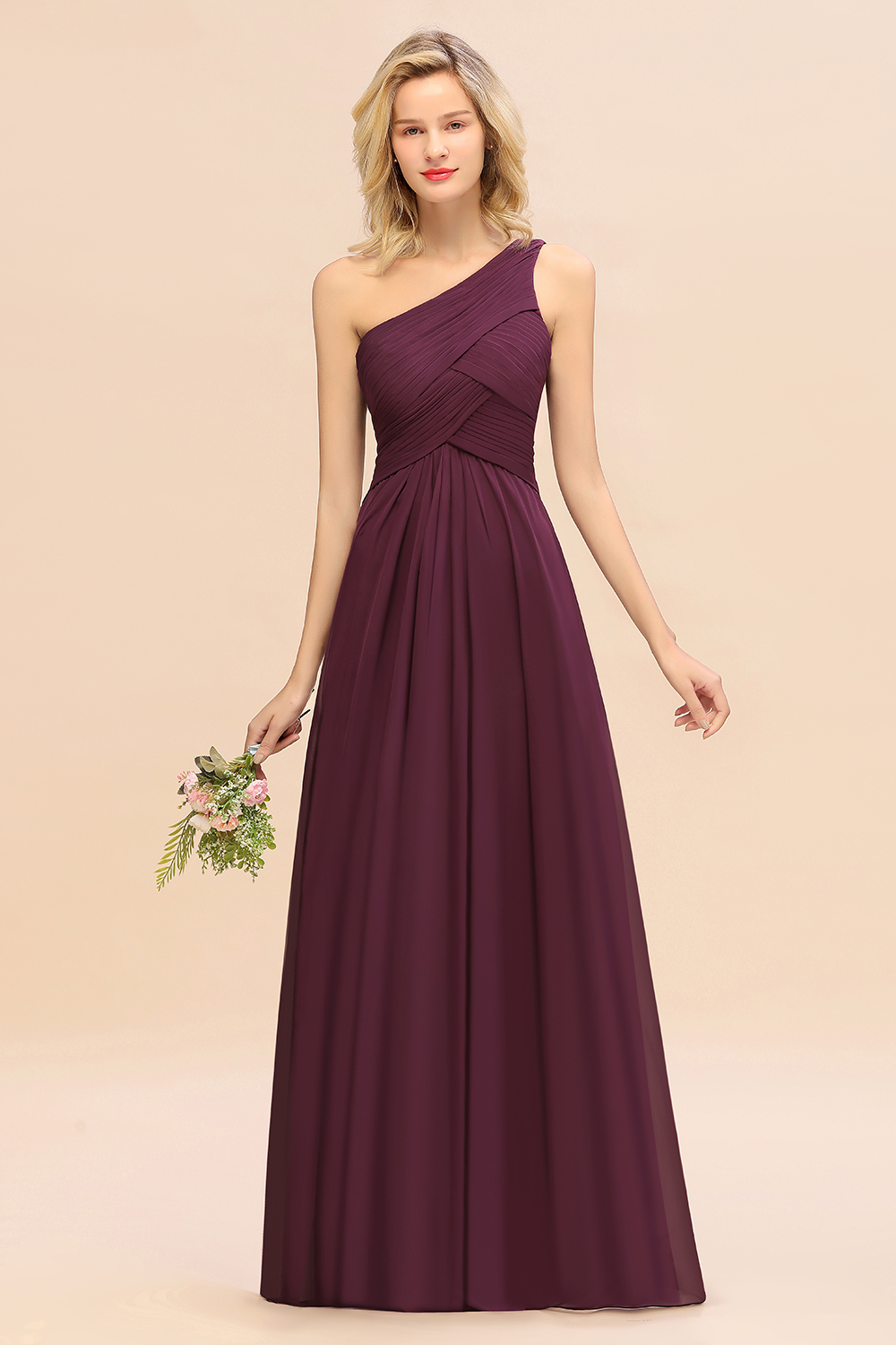 BMbridal Chic One Shoulder Ruffle Grape Chiffon Bridesmaid Dresses Online-BMbridal