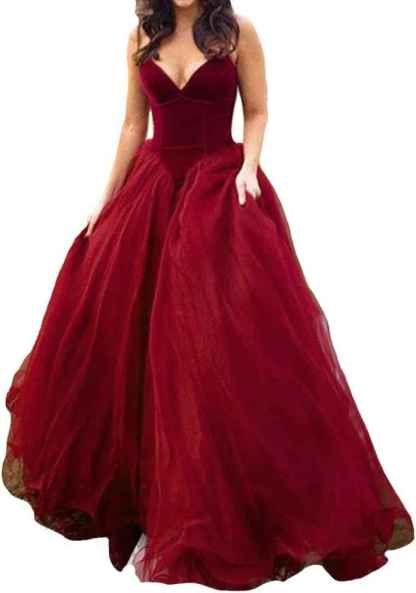 V Neck Velvet and Tulle Long Ball Gown Corset Formal Evening Prom Dresses bmbridal