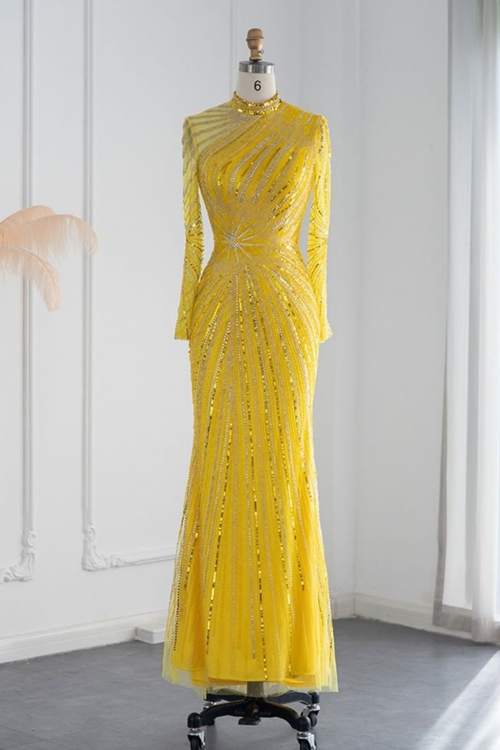 Bmbridal Yellow Floor-Length Long Sleeves High Neck Tulle Prom Dresses with Beadings
