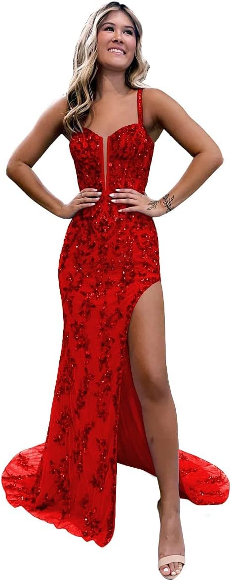 Women's Sweetheart Long Prom Dresses with Slit Tulle Mermaid Formal Evening Gowns with Lace Applique-BMbridal