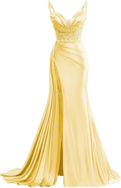 V Neck Satin Prom Dresses Long Mermaid Lace Evening Gown with Slit Pleated Bodycon Formal Dress with Tail bmbridal