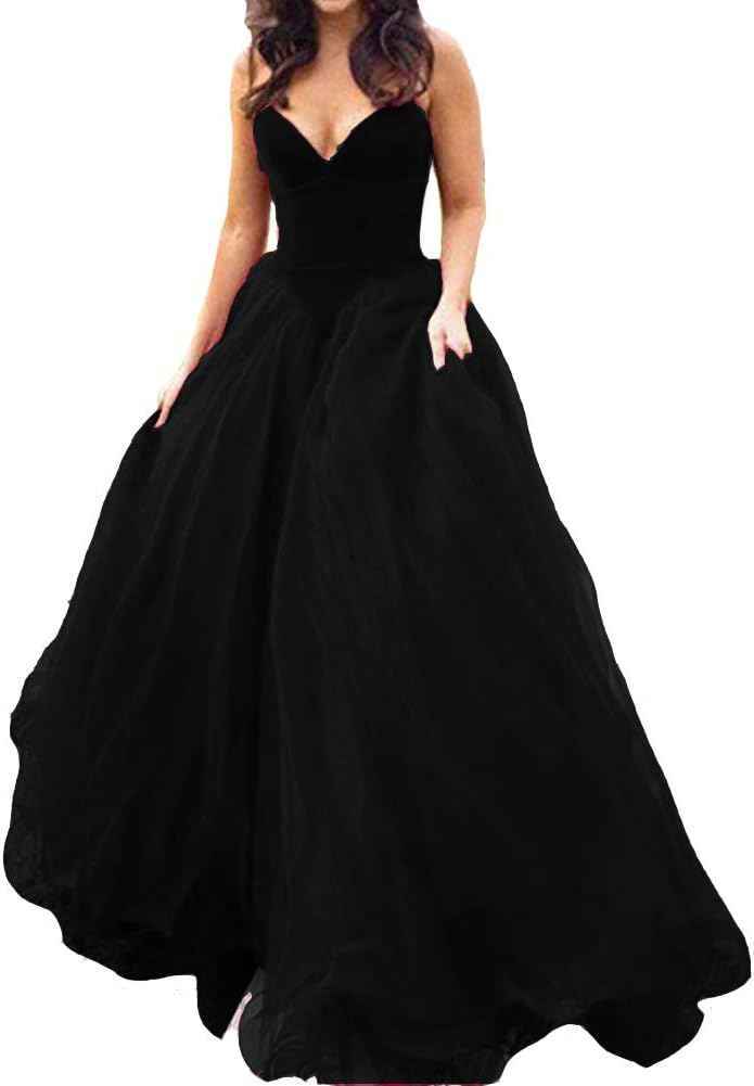 V Neck Velvet and Tulle Long Ball Gown Corset Formal Evening Prom Dresses bmbridal