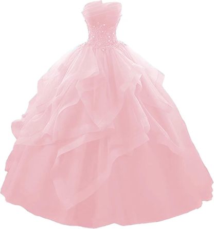 Prom Dress Long Ruffles Ball Gown Quinceanera Dresses Strapless Lace Tulle Beaded Princess Evening Dress bmbridal