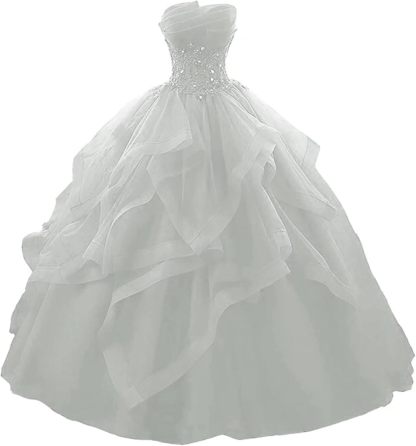 Prom Dress Long Ruffles Ball Gown Quinceanera Dresses Strapless Lace Tulle Beaded Princess Evening Dress bmbridal