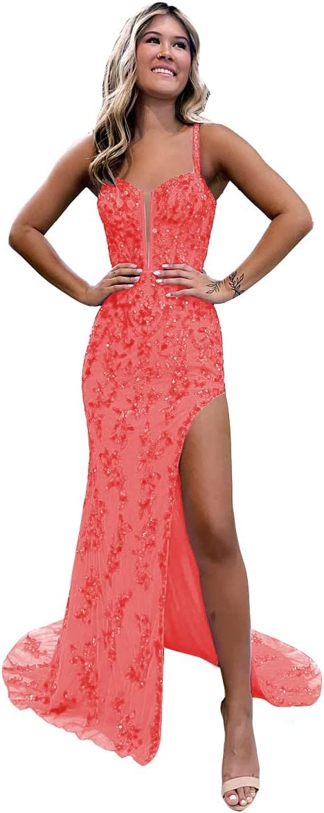 Women's Sweetheart Long Prom Dresses with Slit Tulle Mermaid Formal Evening Gowns with Lace Applique-BMbridal