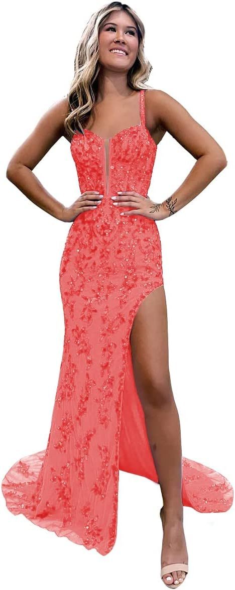 Women's Sweetheart Long Prom Dresses with Slit Tulle Mermaid Formal Evening Gowns with Lace Applique-BMbridal