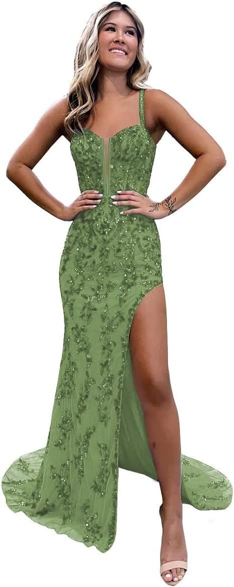 Women's Sweetheart Long Prom Dresses with Slit Tulle Mermaid Formal Evening Gowns with Lace Applique-BMbridal