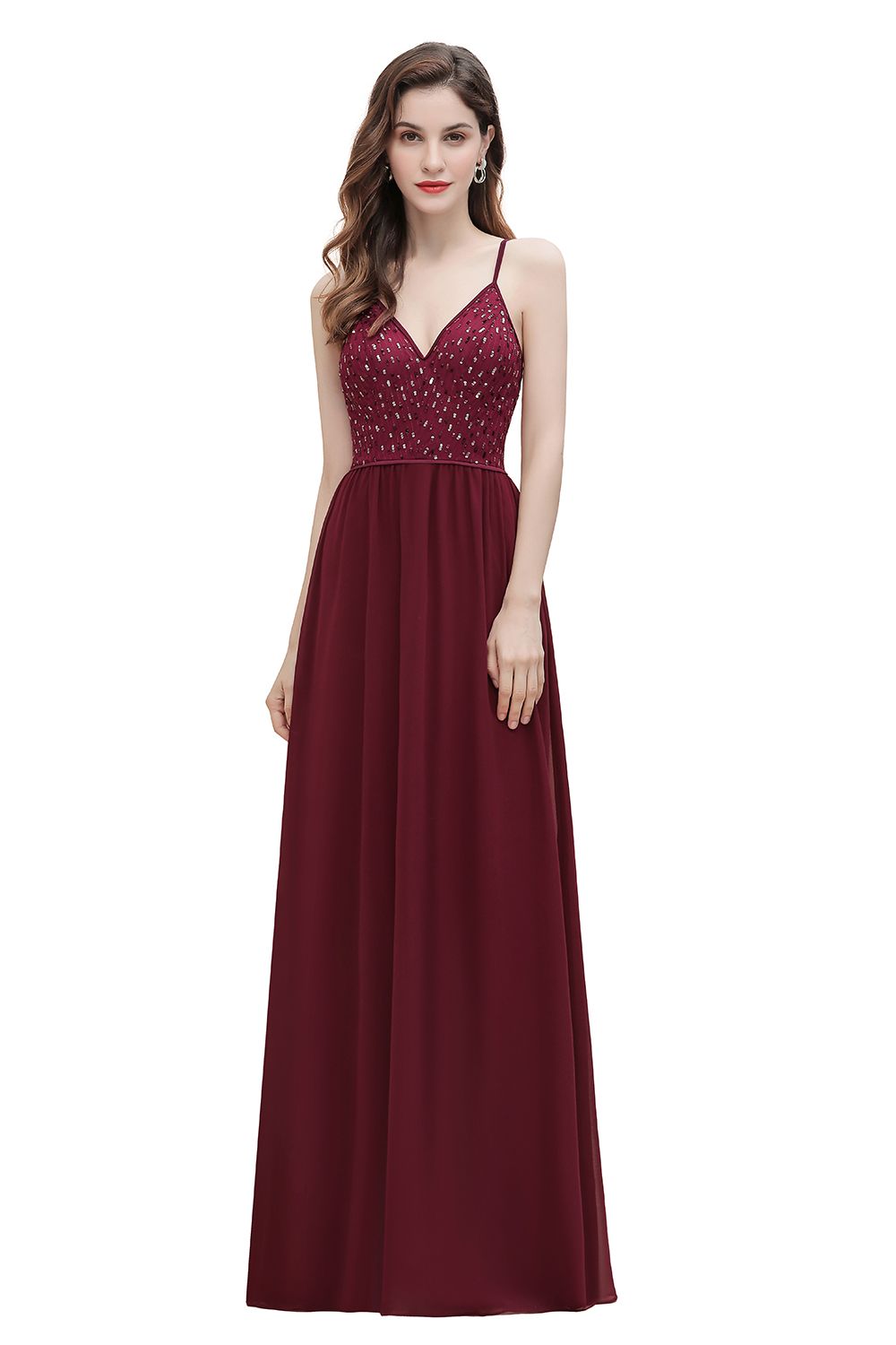 BMbridal Fabulous A-line Burgundy Chiffon Bridesmaid Dress V-Neck Spaghetti Straps Sequins Evening Dress-BMbridal