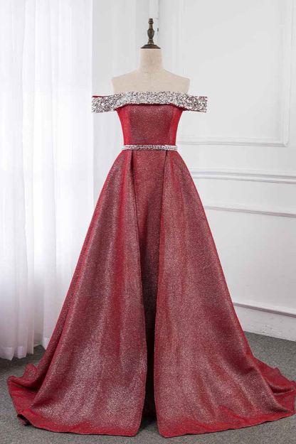 BMbridal Gorgeous Off-the-Shoulder Beading Burgundy Prom Dress with Sash