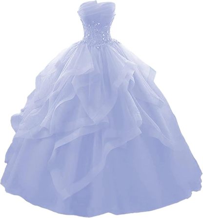 Prom Dress Long Ruffles Ball Gown Quinceanera Dresses Strapless Lace Tulle Beaded Princess Evening Dress bmbridal