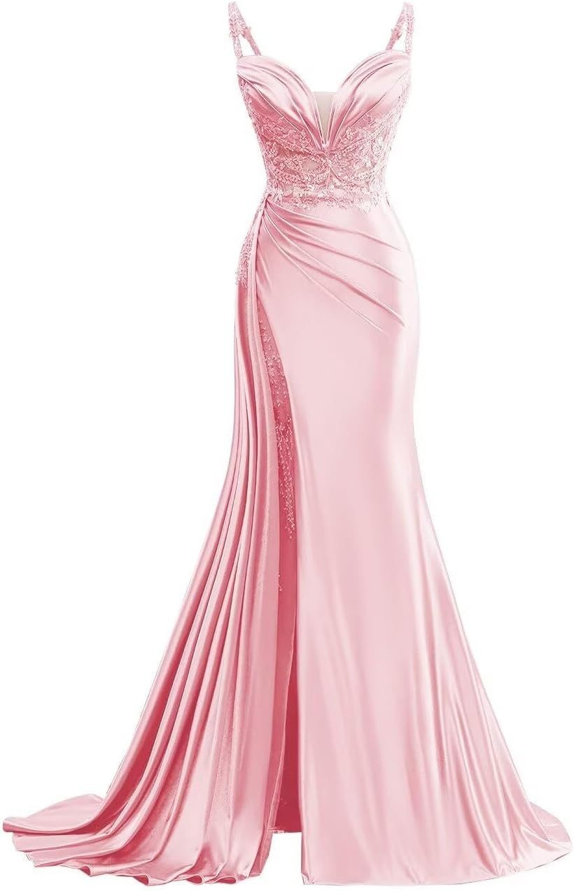 V Neck Satin Prom Dresses Long Mermaid Lace Evening Gown with Slit Pleated Bodycon Formal Dress with Tail bmbridal
