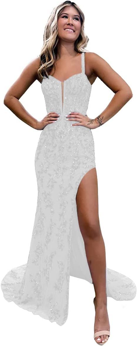 Women's Sweetheart Long Prom Dresses with Slit Tulle Mermaid Formal Evening Gowns with Lace Applique-BMbridal