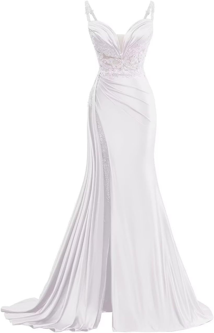 V Neck Satin Prom Dresses Long Mermaid Lace Evening Gown with Slit Pleated Bodycon Formal Dress with Tail bmbridal