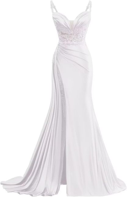 V Neck Satin Prom Dresses Long Mermaid Lace Evening Gown with Slit Pleated Bodycon Formal Dress with Tail bmbridal
