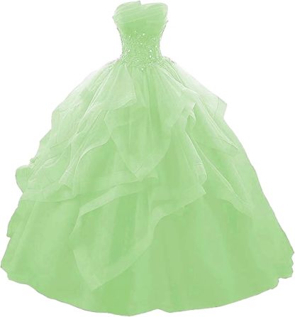 Prom Dress Long Ruffles Ball Gown Quinceanera Dresses Strapless Lace Tulle Beaded Princess Evening Dress bmbridal