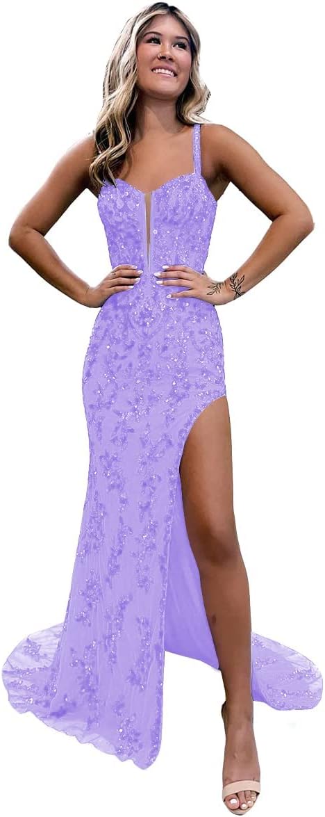 Women's Sweetheart Long Prom Dresses with Slit Tulle Mermaid Formal Evening Gowns with Lace Applique-BMbridal