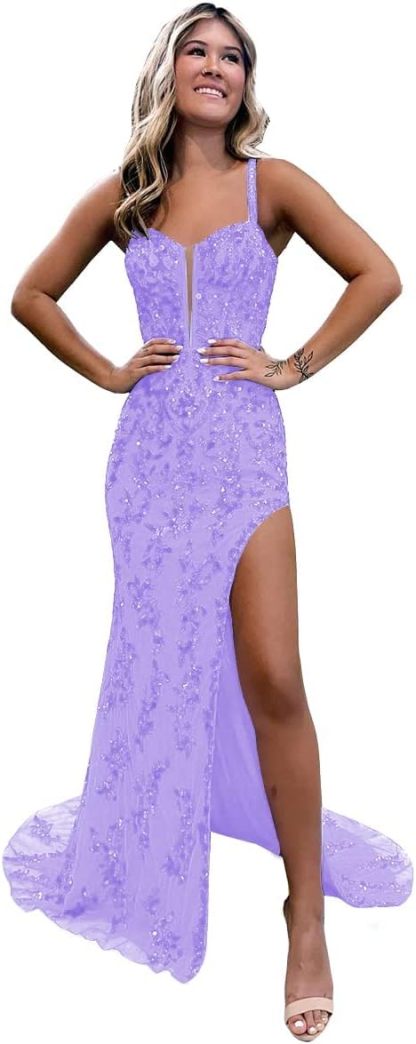 Women's Sweetheart Long Prom Dresses with Slit Tulle Mermaid Formal Evening Gowns with Lace Applique-BMbridal