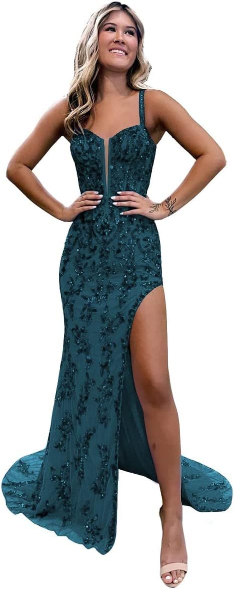 Women's Sweetheart Long Prom Dresses with Slit Tulle Mermaid Formal Evening Gowns with Lace Applique-BMbridal