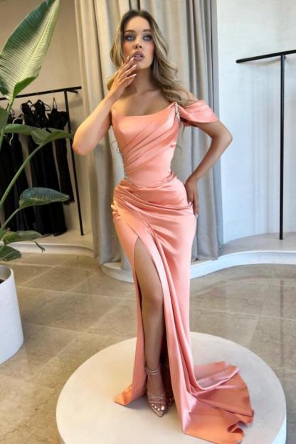 Elegant Mermaid Sweep Train Off-The-Shoulder Split Front Satin Prom Dresses with Ruffles