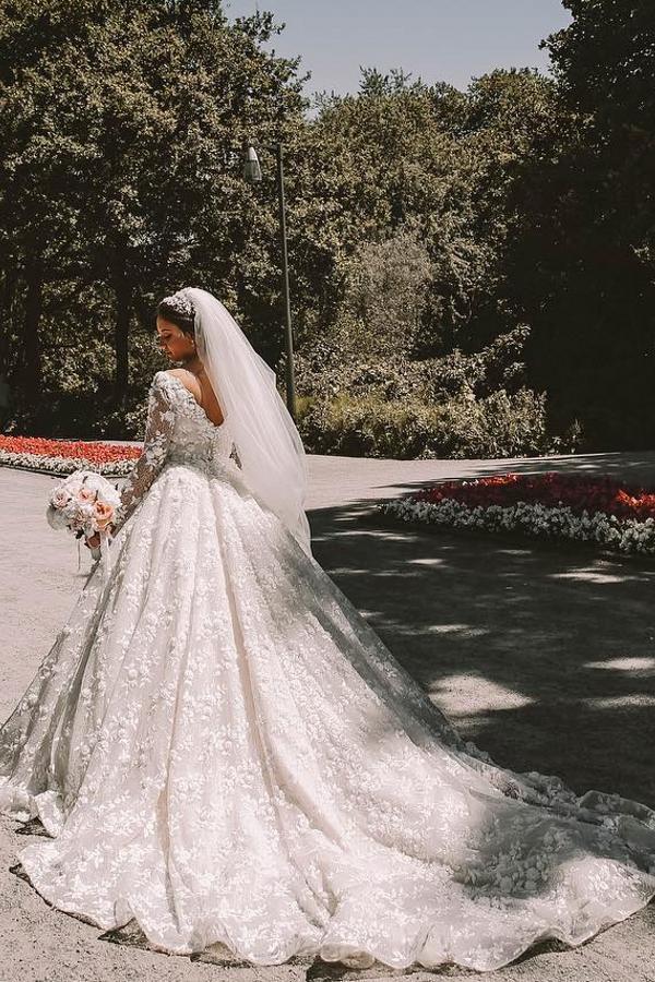 Bmbridal Long Sleeves V-Neck Ball Gown Wedding Dress With Appliques-BMbridal