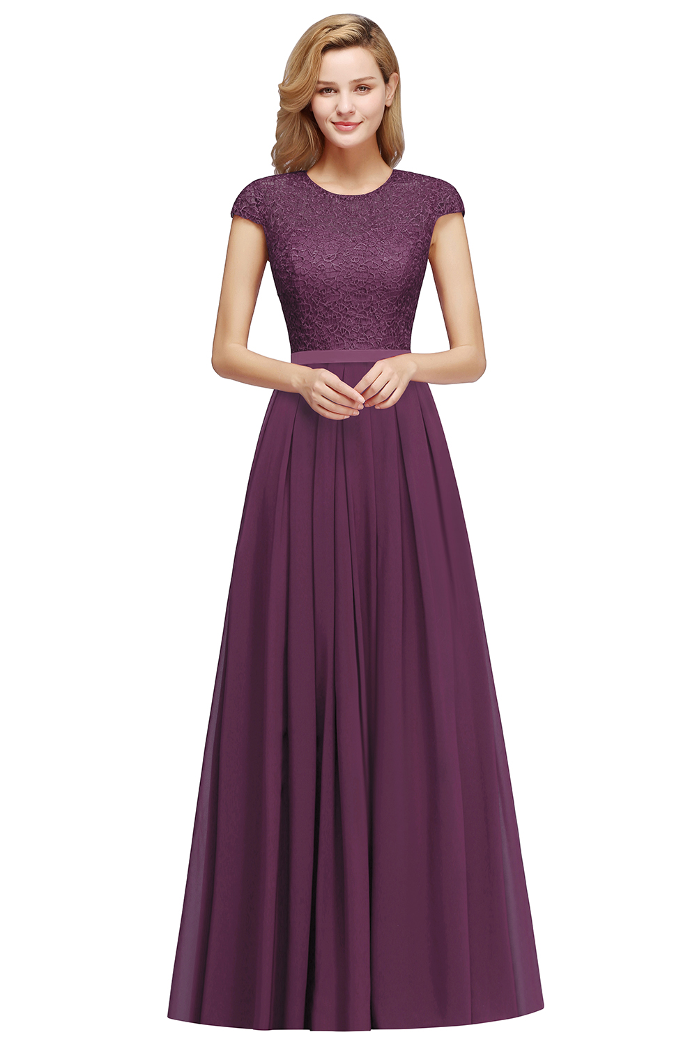 BMbridal A-line Jewel Short Sleeves Chiffon Lace Bridesmaid Dress