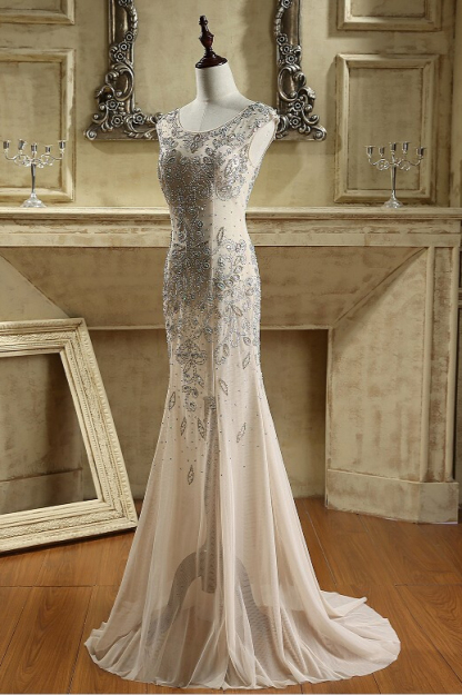 BMbridal Sexy Jewel Sleeveless Sheer Skirt Prom Dresses Champagne Mermaid Appliques Beadings Evening Dresses-BMbridal
