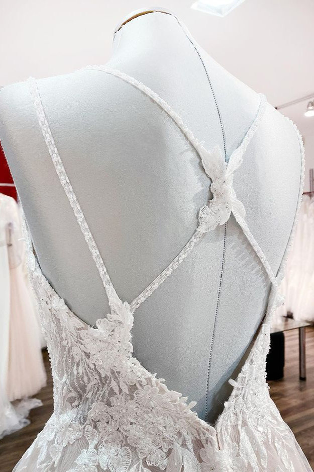 BMbridal Spaghetti Straps Tulle V Neck Ivory Ruffles Wedding Dresses With Lace-BMbridal