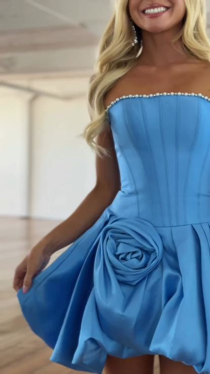 Strapless Pearl Trim Corset Homecoming Dress 3D Rose Satin Bubble Mini Skirt