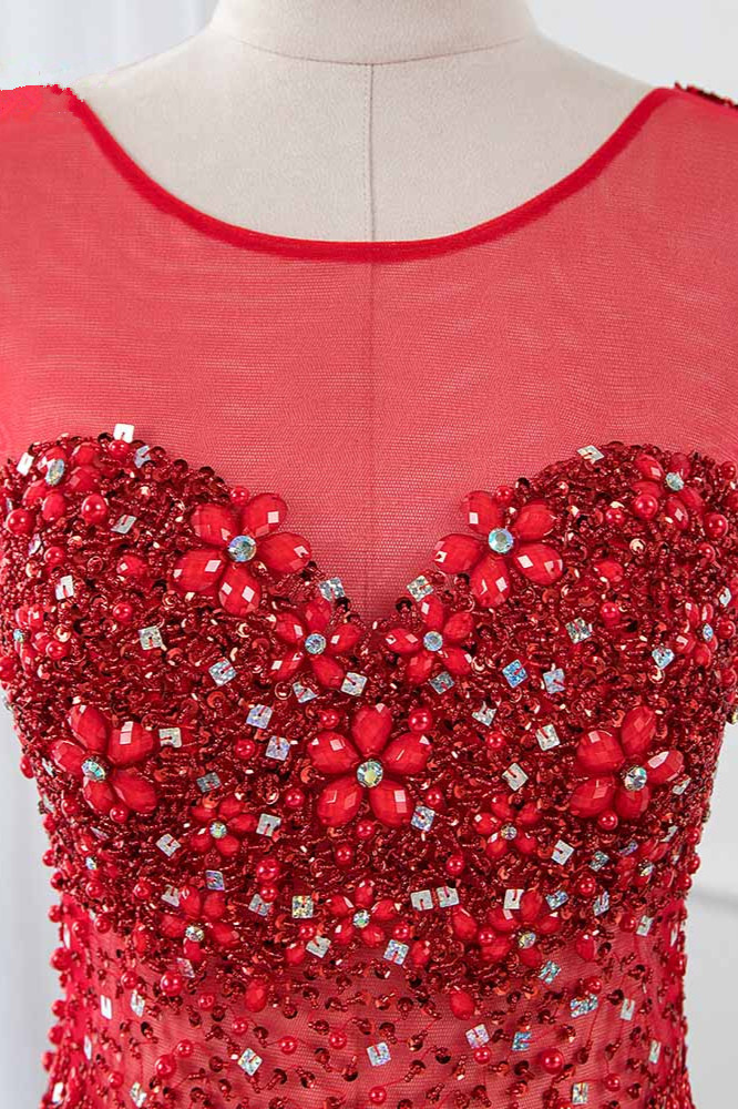 BMbridal Glamorous Jewel Sleeveless Burgundy Mermaid Prom Dresses with Beadings