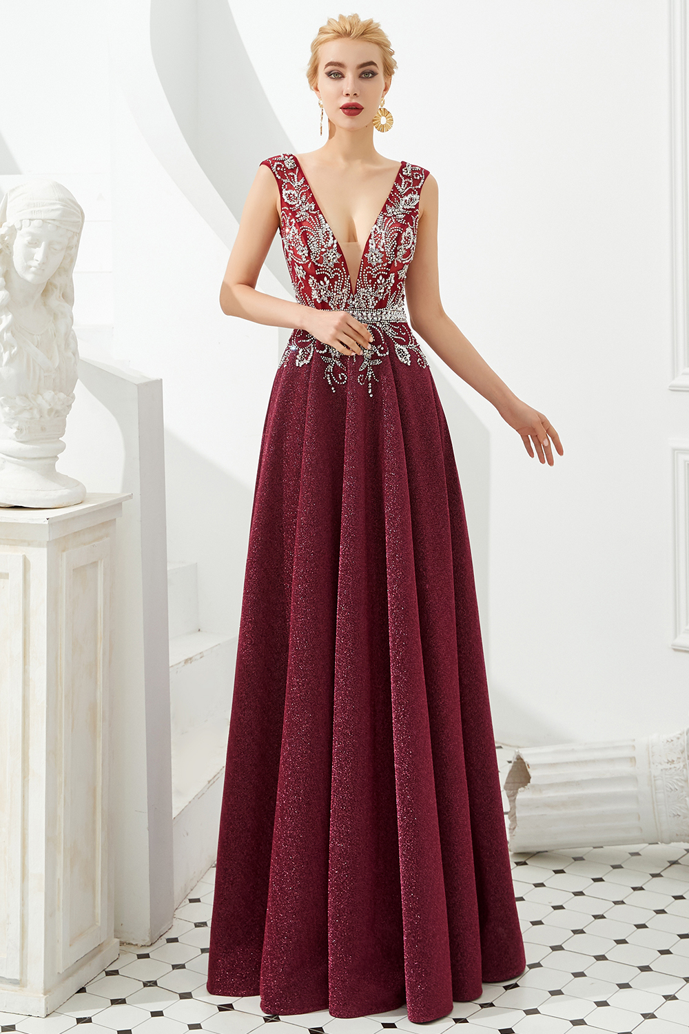 BMbridal Shinning Bugrundy Crystal  Prom Dress Long V-Neck Sleeveless Evening Gowns