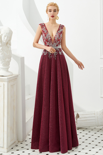 BMbridal Shinning Bugrundy Crystal  Prom Dress Long V-Neck Sleeveless Evening Gowns
