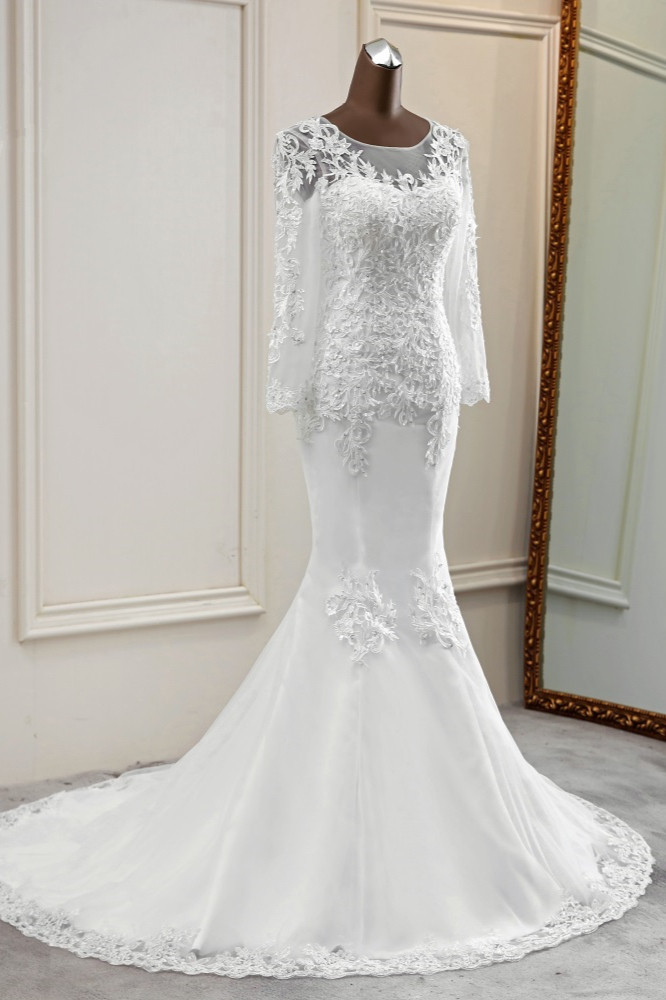 BMbridal Elegant Jewel Lace Mermaid White Wedding Dresses Long Sleeves Appliques Bridal Gowns