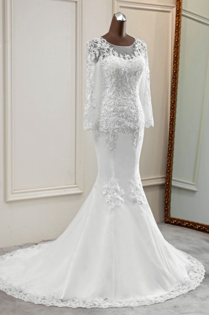 BMbridal Elegant Jewel Lace Mermaid White Wedding Dresses Long Sleeves Appliques Bridal Gowns