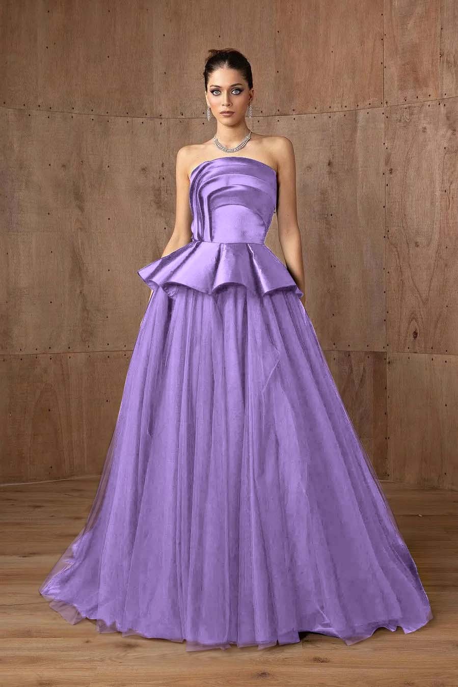 Tulle Strapless Sleeveless A Line Long Prom Dress With Ruffles