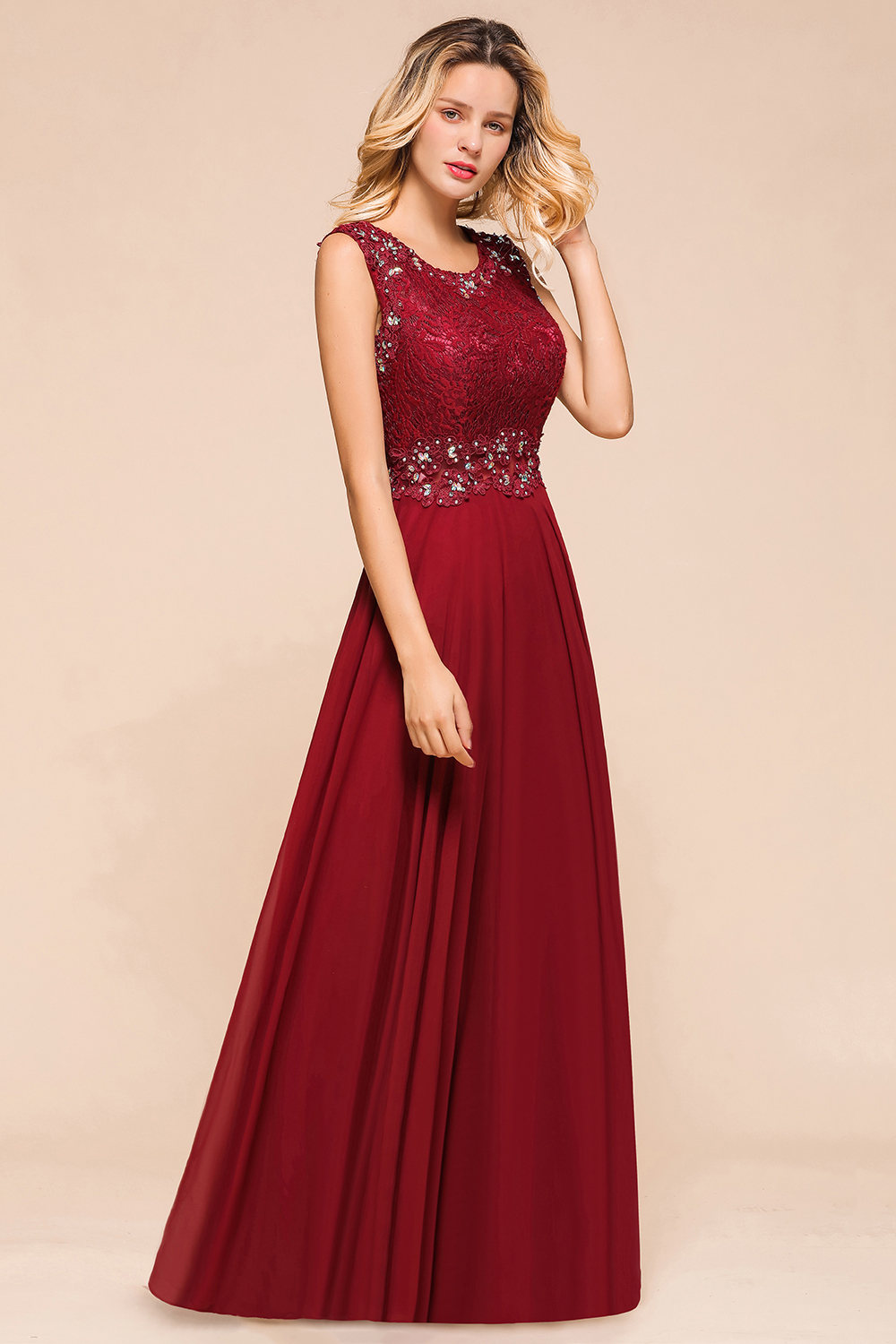 BMbridal Burgundy Lace Long Prom Dresses Sleeveless Chiffon Evening Gowns With Crystal
